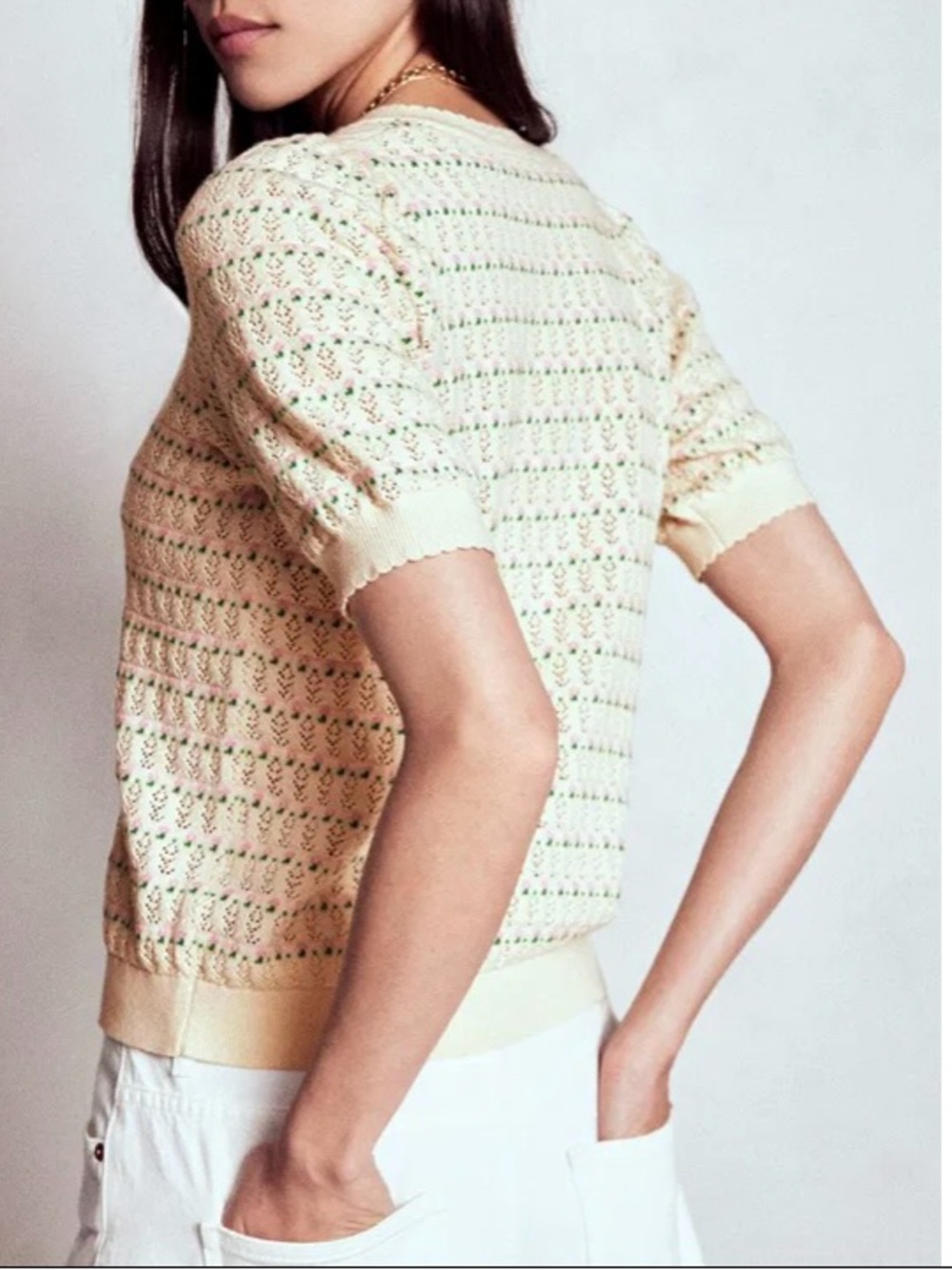 Boden Dot Pointelle Cardigan XL Cream Pink Green Cotton Puff Sleeve Sweater - Picture 6 of 15